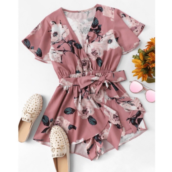 Pants - PENZEE Floral Print Waist Tie Romper